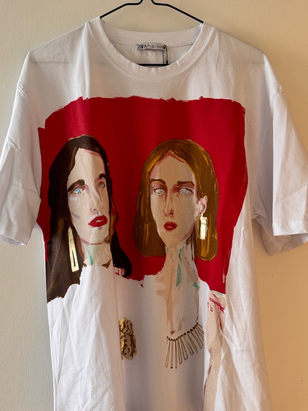 Zara White Tee with Red and Multicolor Portrait Print